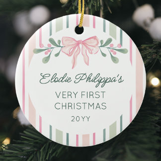 Pink Watercolor Sprigs Bow Baby's First Christmas Ceramic Tree Decoration