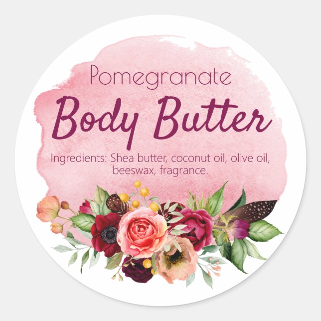 Pink Watercolor Stain Flowers Body Butter Labels (Front)