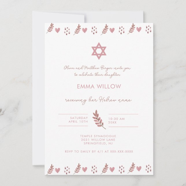 Pink Watercolor Star of David Baby Naming Invitati Invitation (Front)