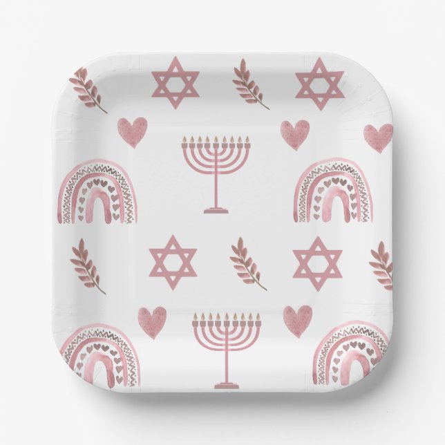 Pink Watercolor Star of David Hanukkah Paper Plate (Front)