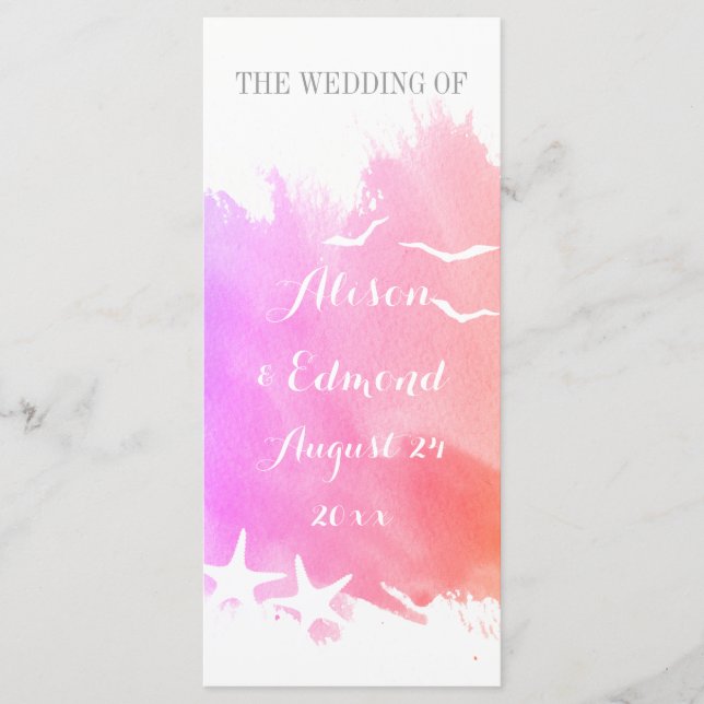 Pink watercolor, starfish beach wedding program programme (Front)