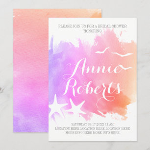 Pink watercolor, starfish wedding bridal shower invitation