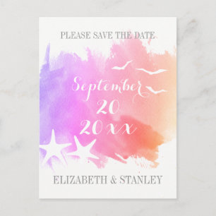 Pink watercolor, starfish wedding Save the Date Announcement Postcard