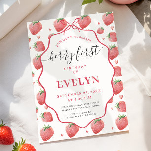 Pink Watercolor Strawberry Bow Berry 1st Birthday Invitation