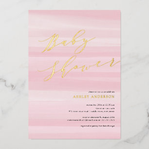 Pink Watercolor Stripe Baby Shower Foil Invitation