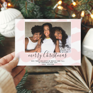 Pink Watercolor Stripe Merry Christmas Photo Card
