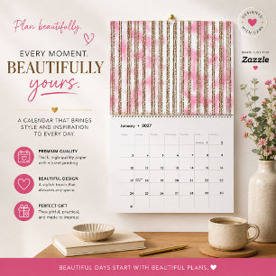 Pink Watercolor Striped Wall Calendar