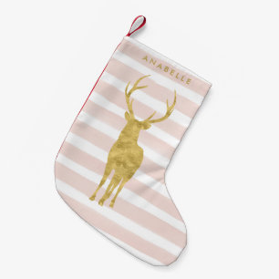 Pink Watercolor Stripes and Gold Deer Small Christmas Stocking