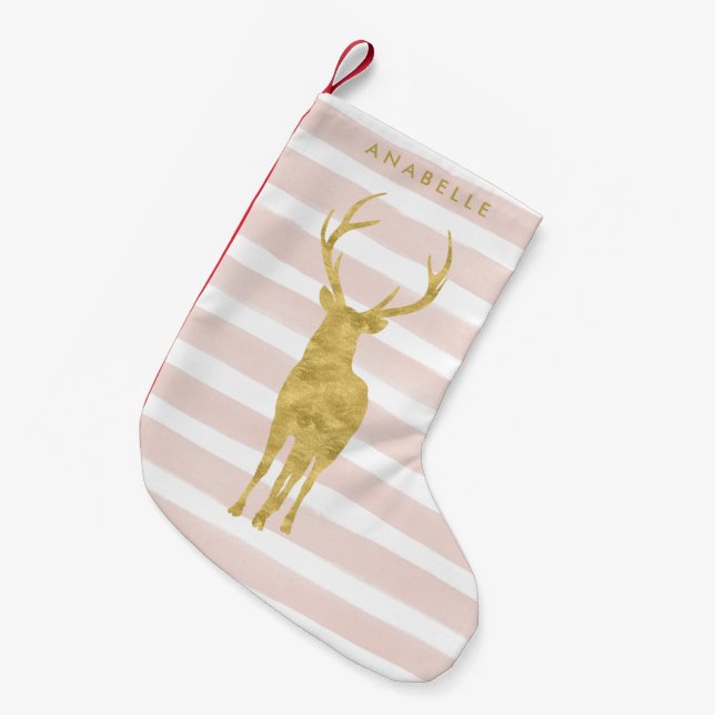 Pink Watercolor Stripes and Gold Deer Small Christmas Stocking (Front (Hanging))