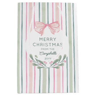 Pink Watercolor Stripes Bow Merry Christmas Medium Gift Bag