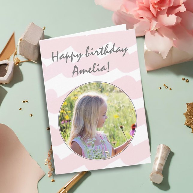 Pink Watercolor Stripes Girly Girl Photo Birthday Card (Creator Uploaded)
