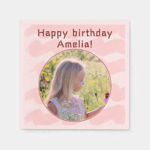 Pink Watercolor Stripes Girly Girl Photo Birthday Napkin