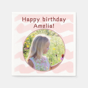 Pink Watercolor Stripes Girly Girl Photo Birthday Napkin