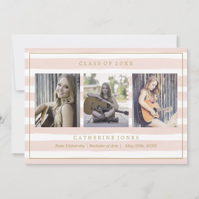 Pink Watercolor Stripes Photo Graduation Announcement (Front)