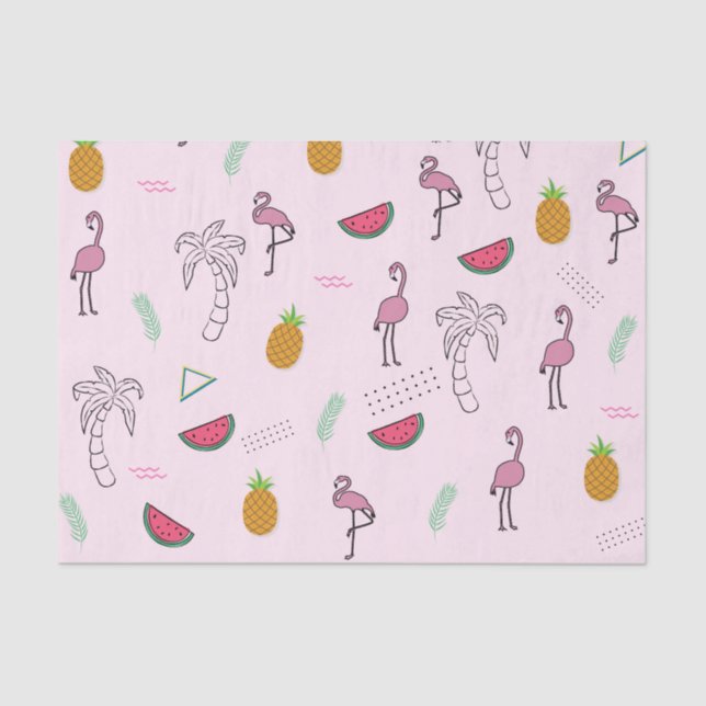Pink Watercolor Summer Flamingo Pattern Tissue Paper (Front)