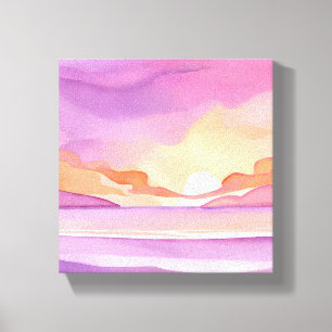 Pink Watercolor Sunset   Beautiful Ocean Sky Canvas Print
