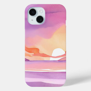Pink Watercolor Sunset   Beautiful Ocean Sky iPhone 15 Case