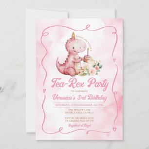 Pink Watercolor Tea-Rex Dinosaur 1st Birthday Invitation