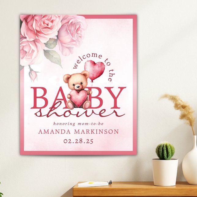 Pink Watercolor Teddy Bear Baby Shower Welcome Poster (Creator Uploaded)