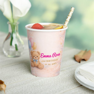 Pink Watercolor Teddy Bear Girl 1st Birthday Paper Cups