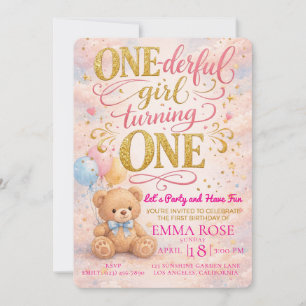 Pink Watercolor Teddy Bear Girl's 1st Birthday  Invitation