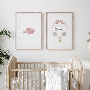 Pink Watercolor Tennis custom name set of 2 poster