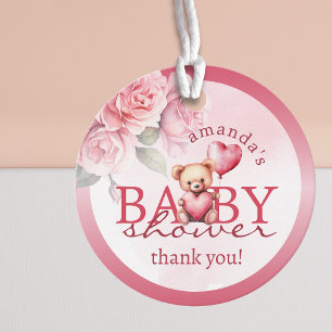 Pink Watercolor Thank you Teddy Bear Baby Shower Favour Tags