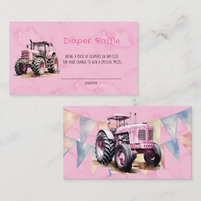 Pink Watercolor Tractor Girl Diaper Raffle Business Card (Front/Back)