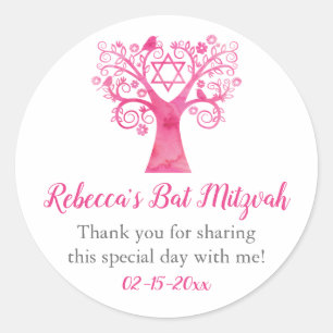 Pink Watercolor Tree of Life Bat Mitzvah Classic Round Sticker