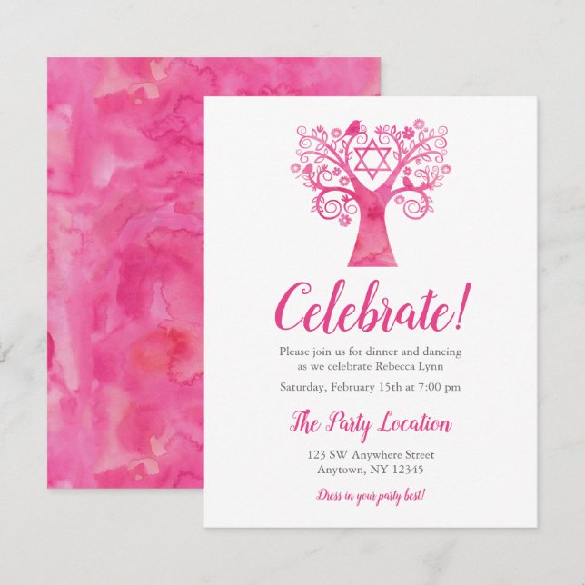 Pink Watercolor Tree of Life Reception Invitation (Front/Back)