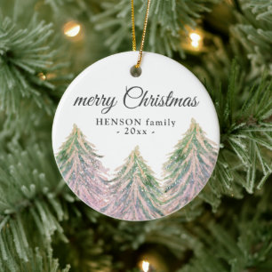 Pink Watercolor Trees Merry Christmas Family Ceram Ceramic Tree Decoration