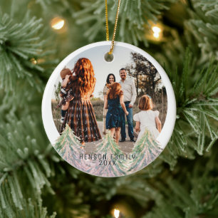 Pink Watercolor Trees Merry Christmas Family Photo Ceramic Tree Decoration