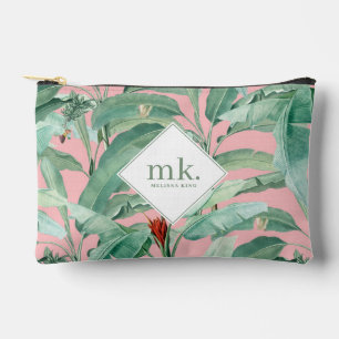 Pink Watercolor Tropical Banana Leaves Monogrammed Accessory Pouch