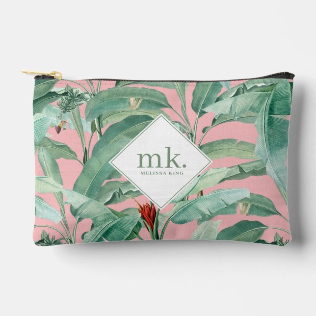 Pink Watercolor Tropical Banana Leaves Monogrammed Accessory Pouch (Front)