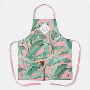 Pink Watercolor Tropical Banana Leaves Monogrammed Apron