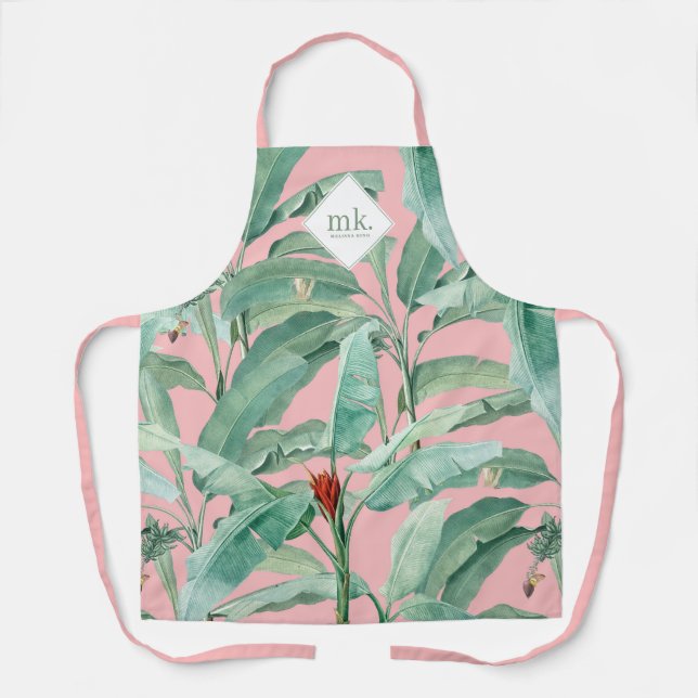 Pink Watercolor Tropical Banana Leaves Monogrammed Apron (Front)