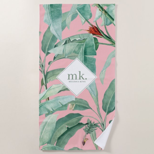 Pink Watercolor Tropical Banana Leaves Monogrammed Beach Towel (Front)