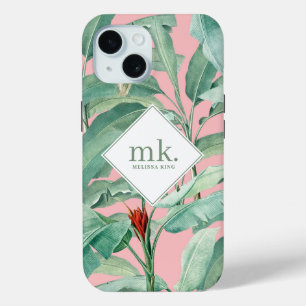 Pink Watercolor Tropical Banana Leaves Monogrammed iPhone 15 Case