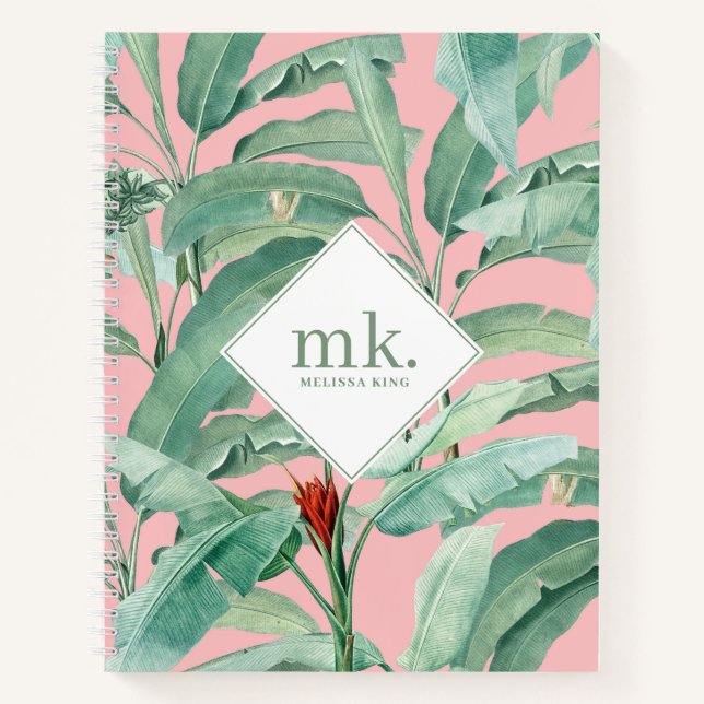Pink Watercolor Tropical Banana Leaves Monogrammed Notebook (Front)