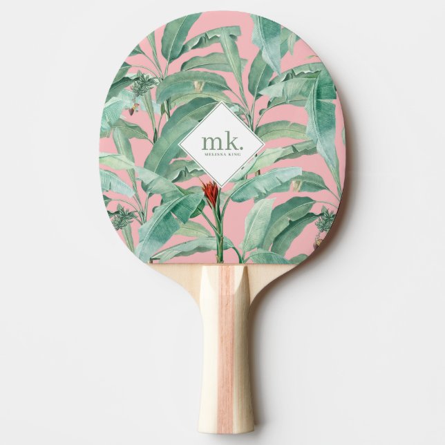 Pink Watercolor Tropical Banana Leaves Monogrammed Ping Pong Paddle (Front)