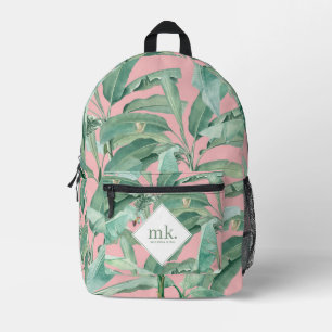 Pink Watercolor Tropical Banana Leaves Monogrammed Printed Backpack
