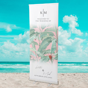 Pink Watercolor Tropical Banana Palm Wedding Retractable Banner