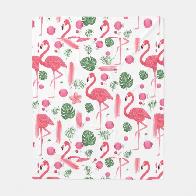 Pink watercolor tropical elegant flamingo floral fleece blanket (Front)