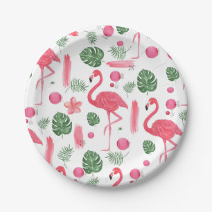 Pink watercolor tropical elegant flamingo floral paper plate