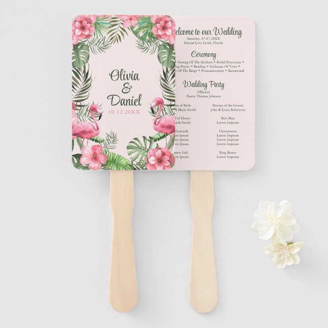 Pink Watercolor Tropical Flamingo Wedding Program Hand Fan (Front and Back)