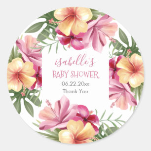 Pink Watercolor Tropical Floral Baby Shower Classic Round Sticker