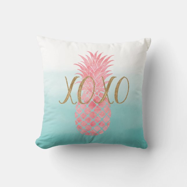 Pink Watercolor Tropical Pineapple Cushion (Front)