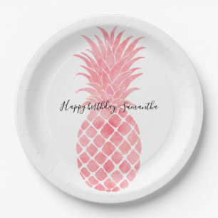 Pink Watercolor Tropical Pineapple Paper Plate