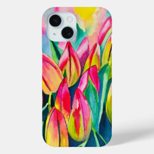 Pink watercolor tulips art iPhone 15 case