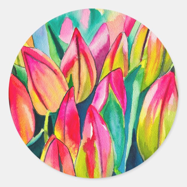 Pink watercolor tulips art classic round sticker (Front)